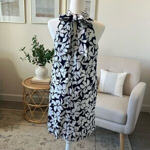 J Crew Bow Neck Halter Cotton Mini Floral Tropical Shift Dress Navy White Size 0